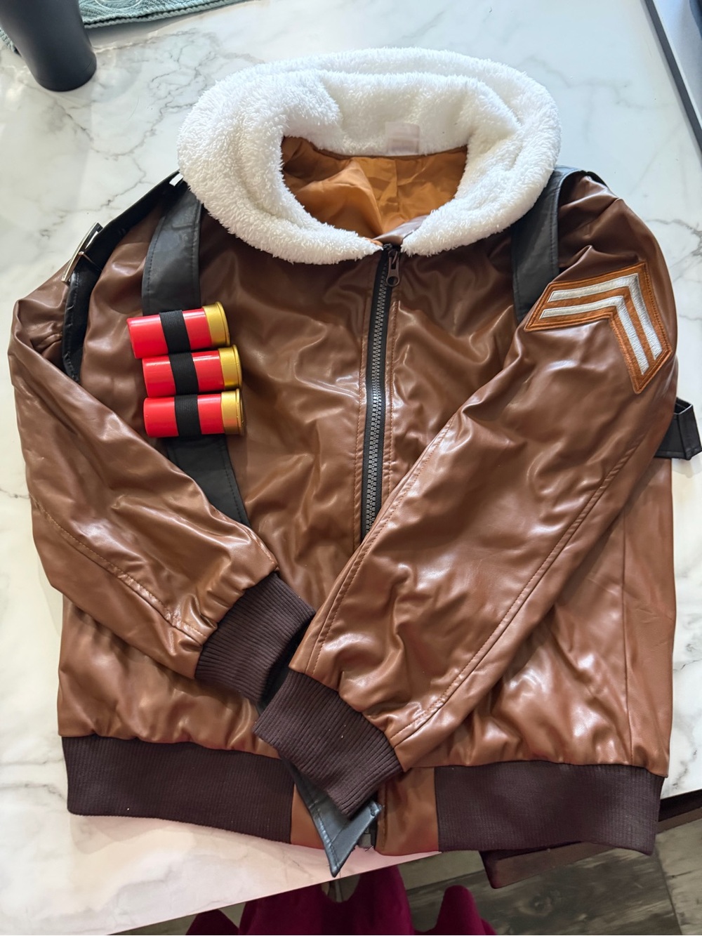Fortnite Men's Costume Brown Faux-Leather Bomber Jacket with Sherpa Collar